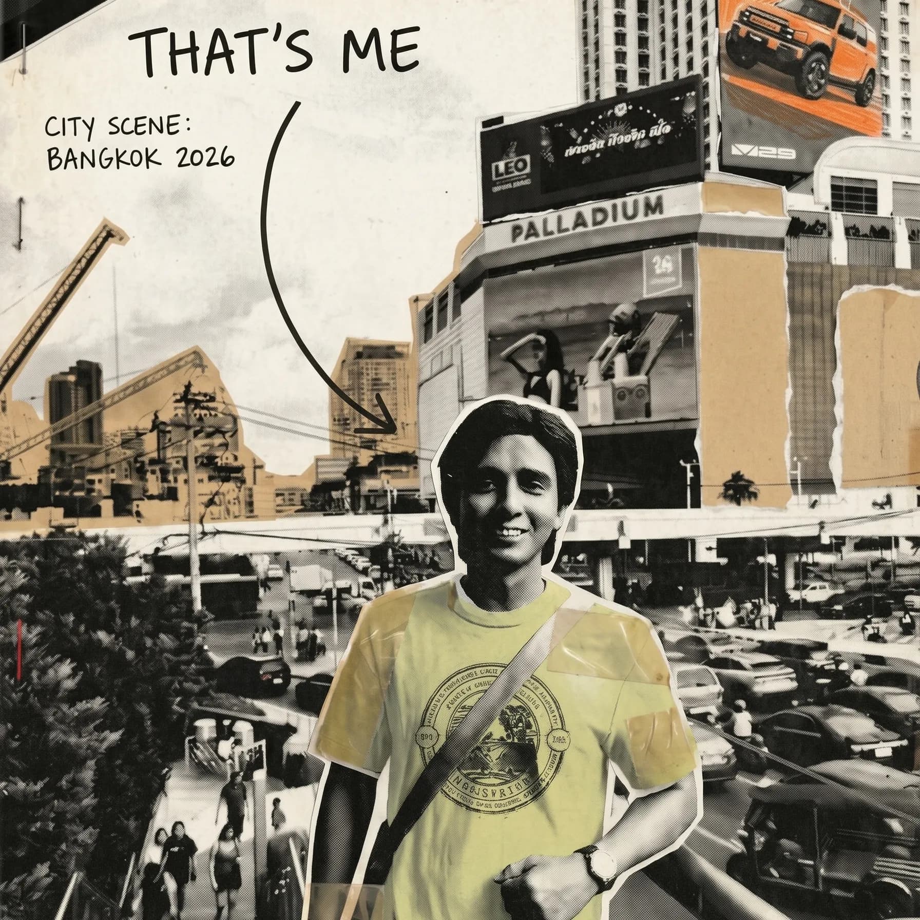 Paper-collage portrait of Tanbir Alam above a busy Bangkok street, with a handwritten arrow reading “That’s me”